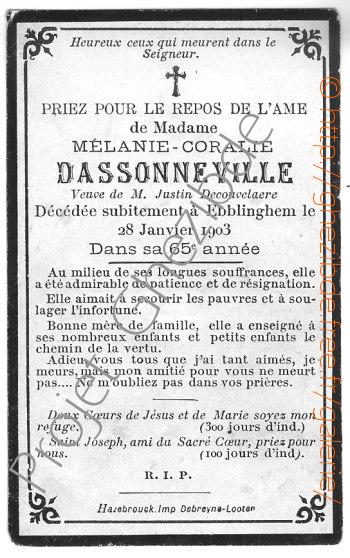 Melanie Coralie DASSONNEVILLE veuve de Justin DECOUVELAERE, dcd  Ebblinghem, le 28 Janvier 1903.